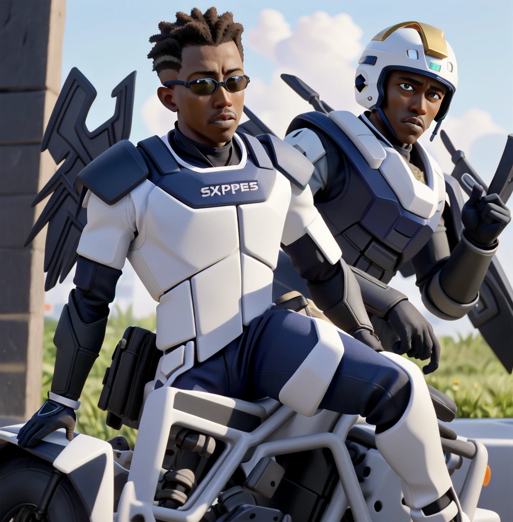 Wesley Snipes as Michael, the Right Hand of the Creator. Co-Leader of the Archangels, A crack squad of futuristic and highly technically advanced warriors. Ancient, but not old. Powerful, IN a white and black winged exo-mecha suit, tight fitting, open faced, with futuristic golden HALO-crown/helmet with visor
