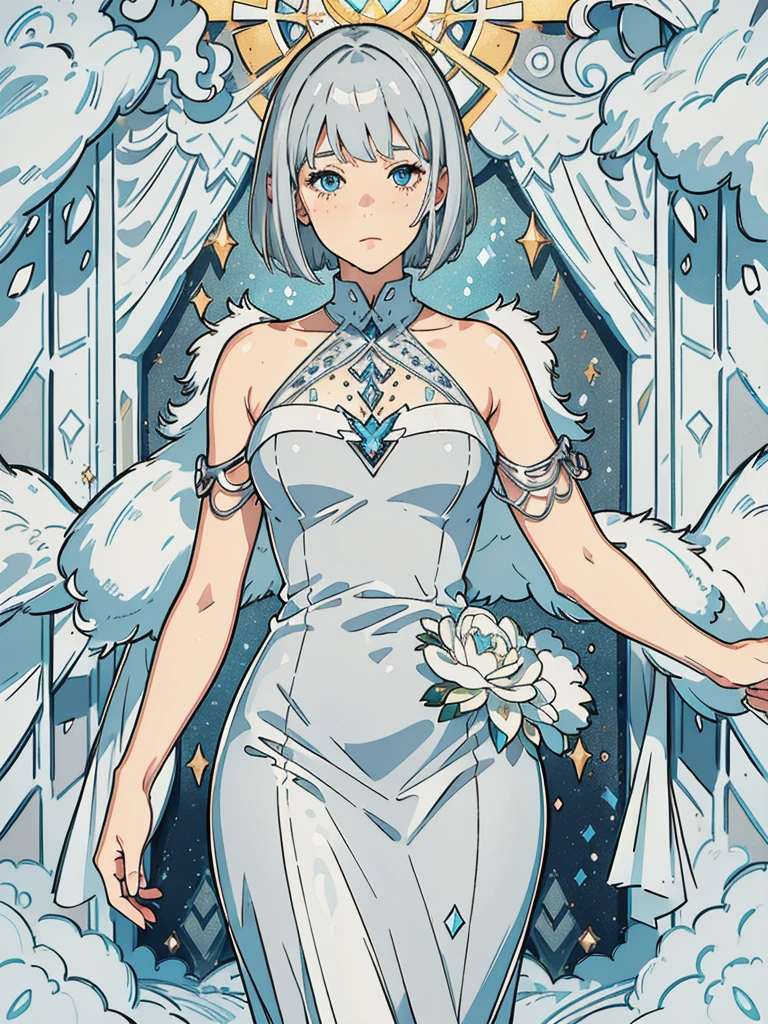 ((masterpiece)), ((best quality)), (ultra-detailed), ((extremely detailed)), 4K, (8K), best quality, a beautiful woman, ((beautiful light gray hair)), shiny hair, ((fluffy bob cut)), light blue eyes, freckled skin, flushed cheeks, 20 years old, 

full body, 