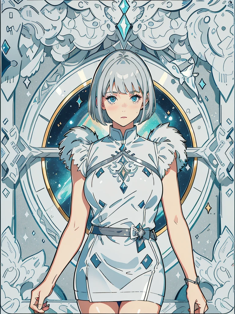 ((masterpiece)), ((best quality)), (ultra-detailed), ((extremely detailed)), 4K, (8K), best quality, a beautiful woman, ((beautiful light gray hair)), shiny hair, ((fluffy bob cut)), light blue eyes, freckled skin, flushed cheeks, 20 years old,
full body,