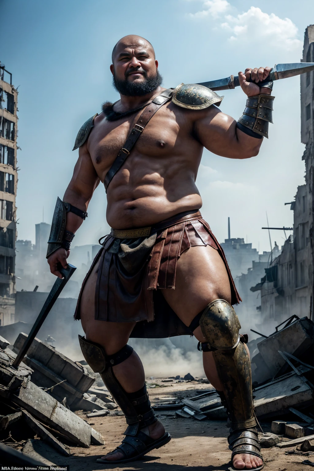 looking at us, shoot from front, face focus, Bandit, Fat ferocious barbarian:2, This barbarian is a robust stocky Japanese, smirking, mid combat, intense battle scene, leather and iron armor, armored short skirt, holding a Viking War Axes, legs exposed from thighs to feet, fierce warriors, ancient battlefields, epic showdown, battleground background, masterpiece, volumetric lighting, Dramatic, Uighur the Warden, breathtaking action, dynamic poses, bald, ((ultra sharp)), ((masterpiece)), ((best quality)), ((ultra detailed)), ((intricate details)), Inguinal region detailed, Dilapidated, breathtaking action, destroyed city after big air raids, A desolate, post-apocalyptic cityscape, A brutal scene, lets out a yell, casting an ominous shadow, He is ejaculating semen, 