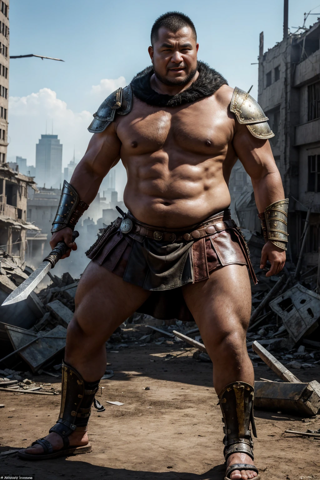 looking at us, shoot from front, face focus, Bandit, Fat ferocious barbarian:2, This barbarian is a robust stocky Japanese, smirking, mid combat, intense battle scene, leather and iron armor, armored short skirt, holding a Viking War Axes, legs exposed from thighs to feet, fierce warriors, ancient battlefields, epic showdown, battleground background, masterpiece, volumetric lighting, Dramatic, Uighur the Warden, breathtaking action, dynamic poses, bald, ((ultra sharp)), ((masterpiece)), ((best quality)), ((ultra detailed)), ((intricate details)), Inguinal region detailed, Dilapidated, breathtaking action, destroyed city after big air raids, A desolate, post-apocalyptic cityscape, A brutal scene, lets out a yell, casting an ominous shadow, He is ejaculating semen,