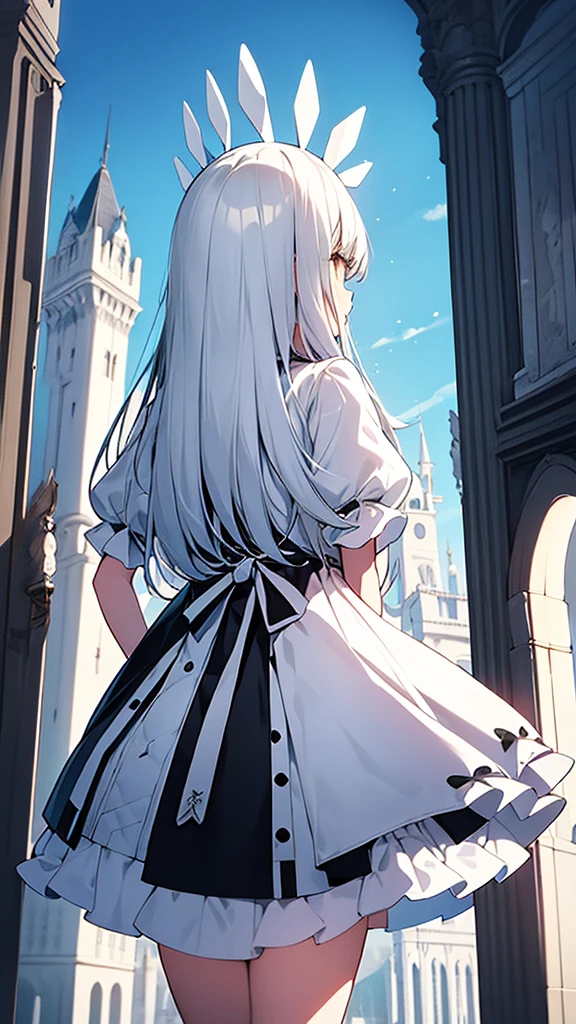 Chica caminando con vestido blanco con ventilacion en las caderas cabello negro cuernos blancos con alas negras en las cadera el fondo un castillo sosteniendo dos espadas en sus manos