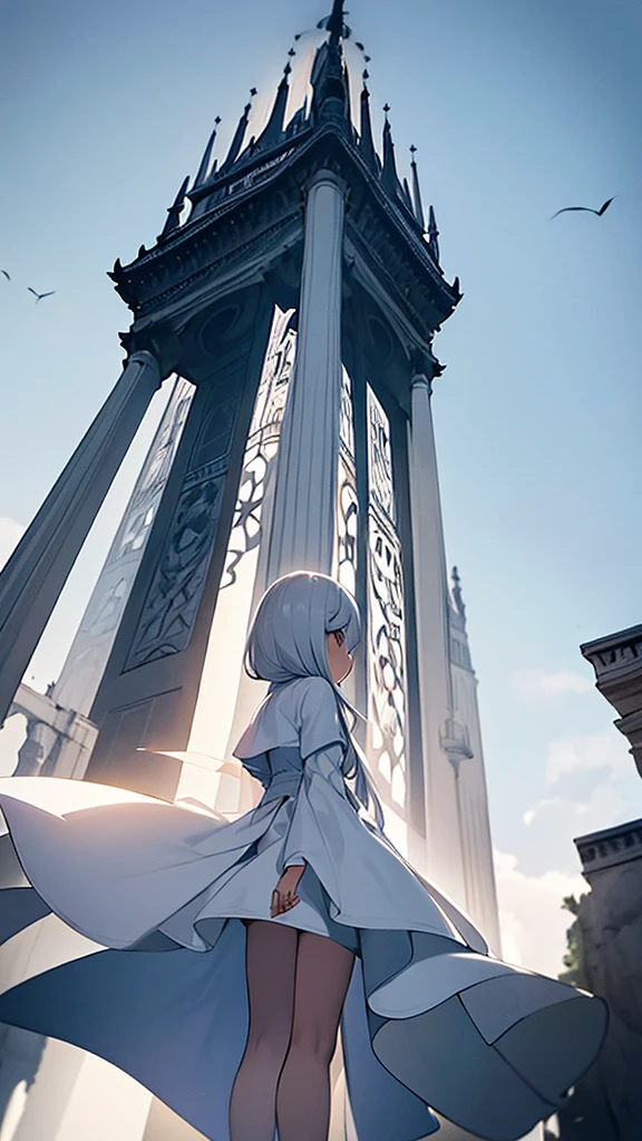 Chica caminando con vestido blanco con ventilacion en las caderas cabello negro cuernos blancos con alas negras en las cadera el fondo un castillo sosteniendo dos espadas en sus manos