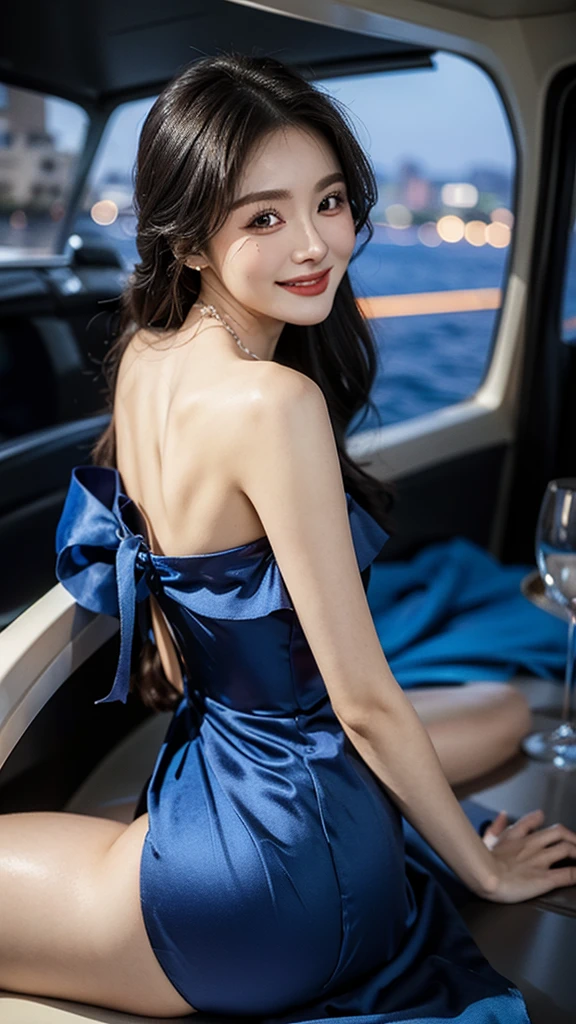 A sweet girl by the back yatch luxury,voluminous hair,Delicate face,Photorealsitic,of a real,largeaperture,blue dress luxury slim,A cropped dress,Off-the-shoulder,A dress around the neck,Slim,smiles,Ultra-high resolution, Blurred background