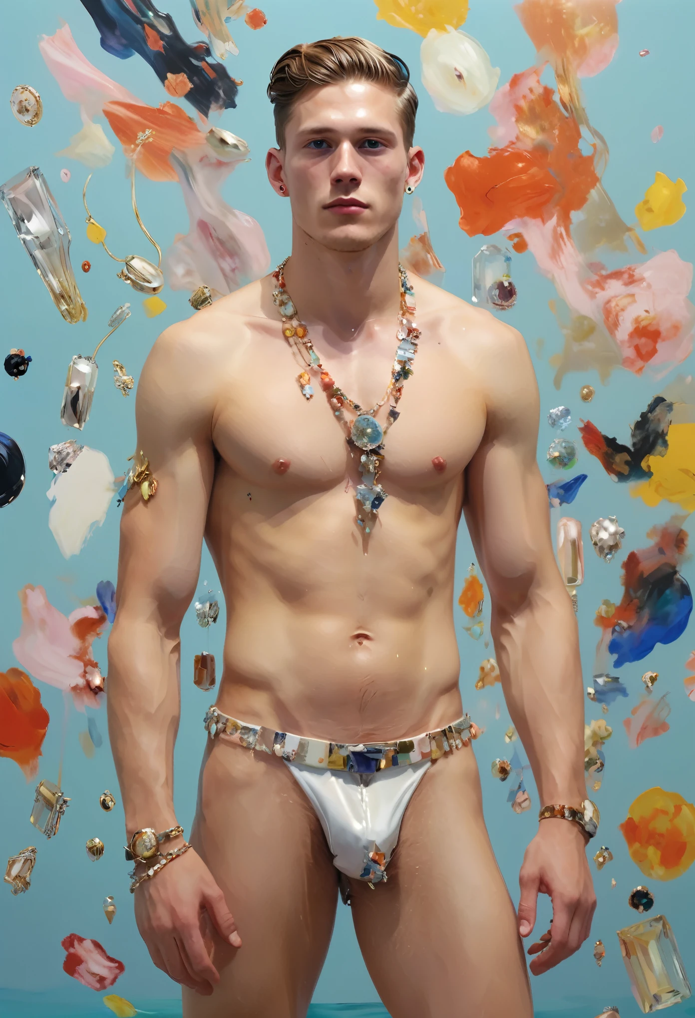 Sexy young male，Jewelry &amp; Jewelry, topless, full-body shot, Art Deco, Decorative Arts, byPetra Cortright, best quality, masterpiece, 8K