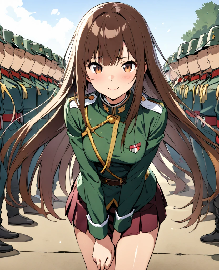 (((masterpiece, highest quality:1.5,absurdres))),20 year old beauty,solo,((very small head)),long hair,bangs,dark brown hair,brown eyes,shy,smile,medium breasts,((very long body)),((toned body:1.2,slender body)),skinny,gleaming skin,shiny skin,((Army infantry uniform、saber、Tight mini skirt)),army base、taisho steampunk、Japan in the Taisho Period、Takeda Hiromitsu style,