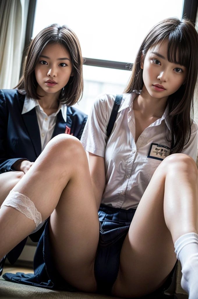 8k, RAW Portrait (Japanese women),masterpiece、Photorealistic:1.3、Realistic, Ultra-high resolution, highest quality, Real Life Photos ,( In the evening :1.1), ((((2 girls:1.5)))), (((Two girls showing off their panties In the room)))、(Cute Face:1.3)、日本の2 girls,((Two Japanese high school girls))、((Two real high school girls))、((Japanese High School Uniform:1.6))、(cardigan、Pleated skirt)、 Short Hair,,Slender body,、In the room、 big and beautiful fine eyes, Black Hair,(Written boundary depth:1.3)、 ((Dark brown eyes:1.2))、(Real skin texture:1.3)、(Immersive atmosphere:0.8、Chiaroscuro:1.2) 、(Look Viewer:1.3)、((Embarrassing))、((Red cheeks:1.3))、((From belowの天井:1.2))、(smile:1.2)、((((Wearing very small black panties))))、((Panty shot))、((A woman rolling up her skirt))、((From below:1.35))、((Panties close up:1.59))、((Panty shot))、The most beautiful woman in the world、The most beautiful woman in the world、((Spread your legs out to the side:1.4)),Shirt lift,Small breasts,Small nipples

