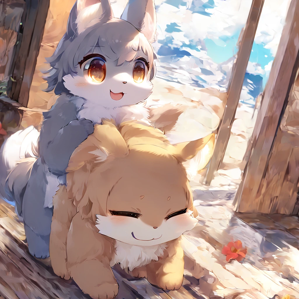 Ultra-high resolution, Detailed Background,  boy, girl, Happy, Joyful, (kemono, fur),　Naked　Naked　Completely naked　Covered entirely in fur　Animal body types，　Adorable，Pure，　No shame　having mating，　Young，，Barely　Fully visible，foreskin，On all fours，quadruped，  female genitalia，Male and female，Do not draw hair.