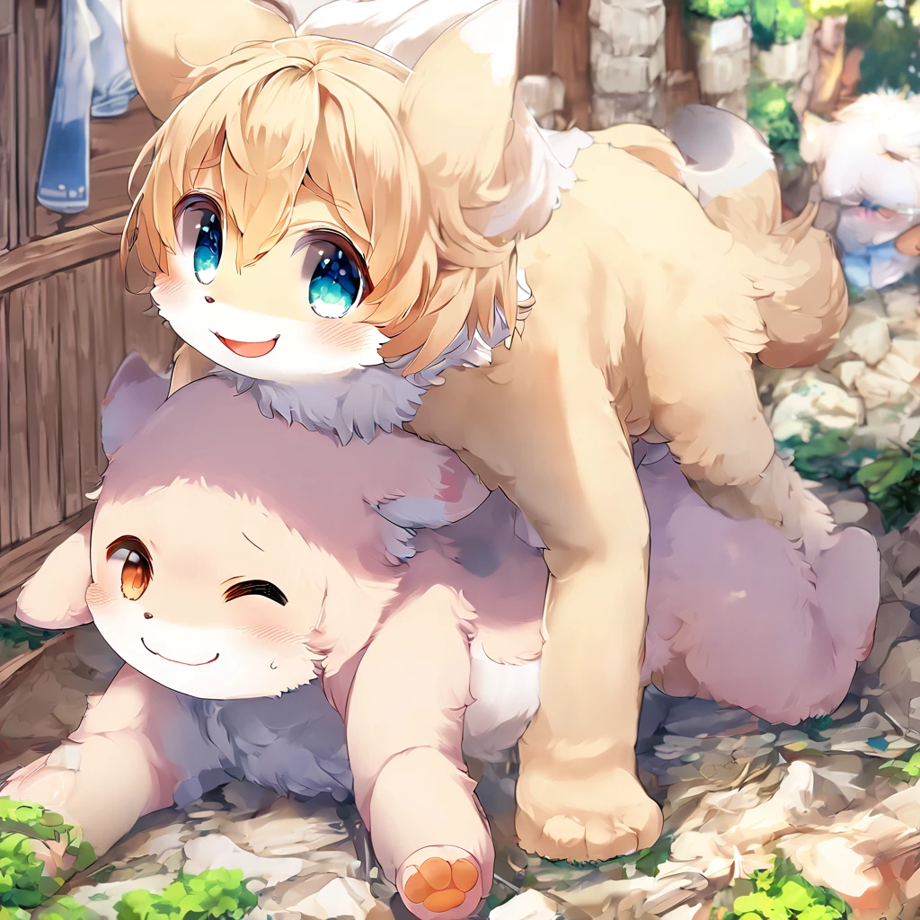 Ultra-high resolution, Detailed Background,  boy, girl, Happy, Joyful, (kemono, fur),　Naked　Naked　Completely naked　Covered entirely in fur　Animal body types，　Adorable，Pure，　No shame　having mating，　Young，，Barely　Fully visible，foreskin，On all fours，quadruped，  female genitalia，Male and female，Do not draw hair.