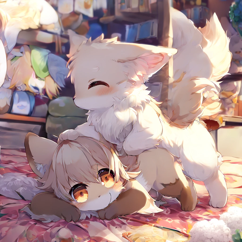 Ultra-high resolution, Detailed Background,  boy, girl, Happy, Joyful, (kemono, fur),　Naked　Naked　Completely naked　Covered entirely in fur　Animal body types，　Adorable，Pure，　No shame　having mating，　Young，，Barely　Fully visible，foreskin，On all fours，quadruped，  female genitalia，Male and female，Do not draw hair.