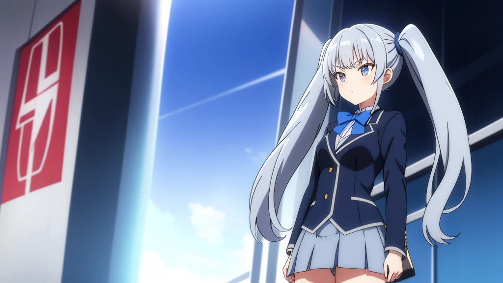 1girl, anime girl, silver hair, long twintails, silver eyes, dark blue school suit, blue bowtie, skirt, anime episode scene