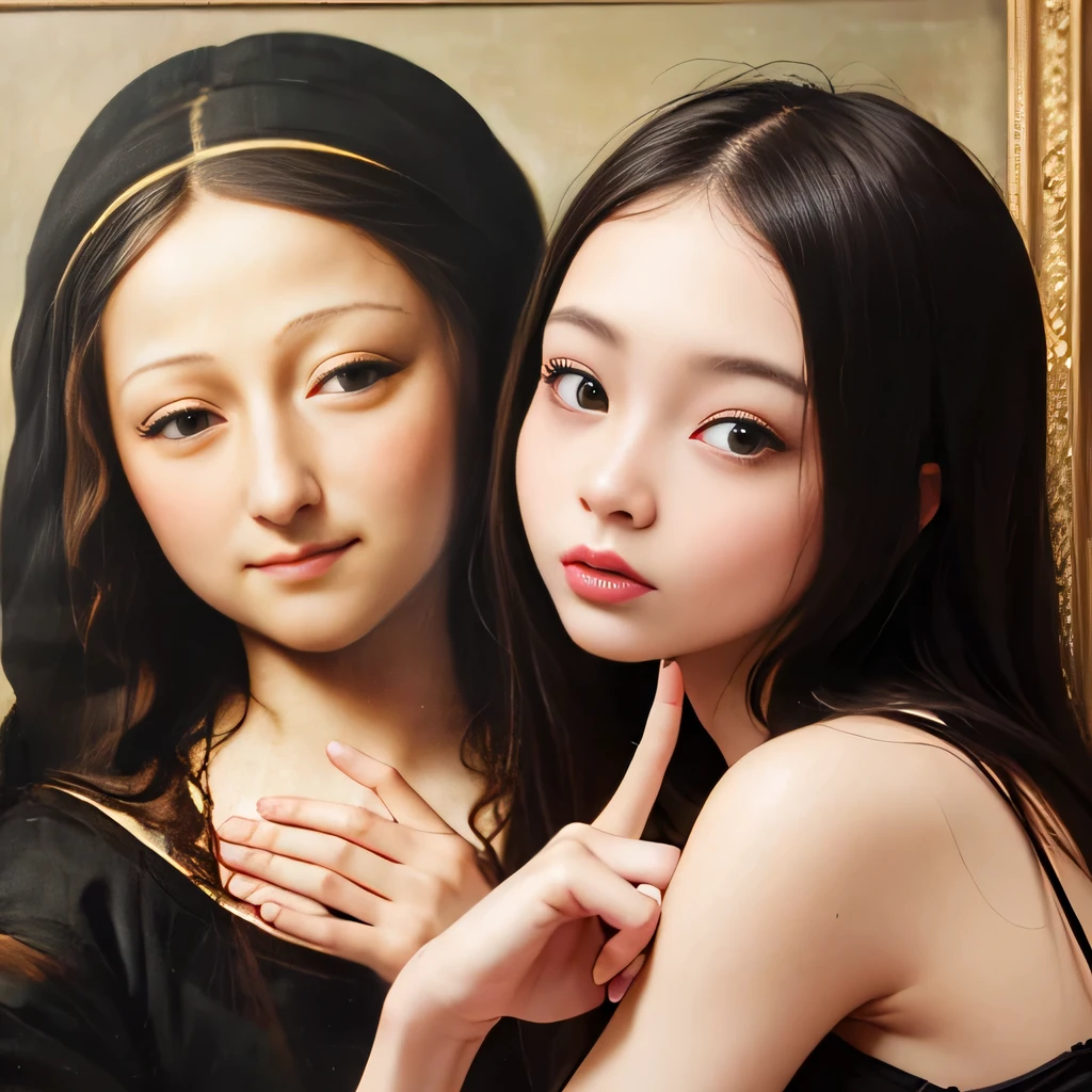 raw photo , 8K, ultra detailed, (amime, manga:1.2), (mona lisa), (round face),(chubby:1.0),(finger to cheek:1.3)