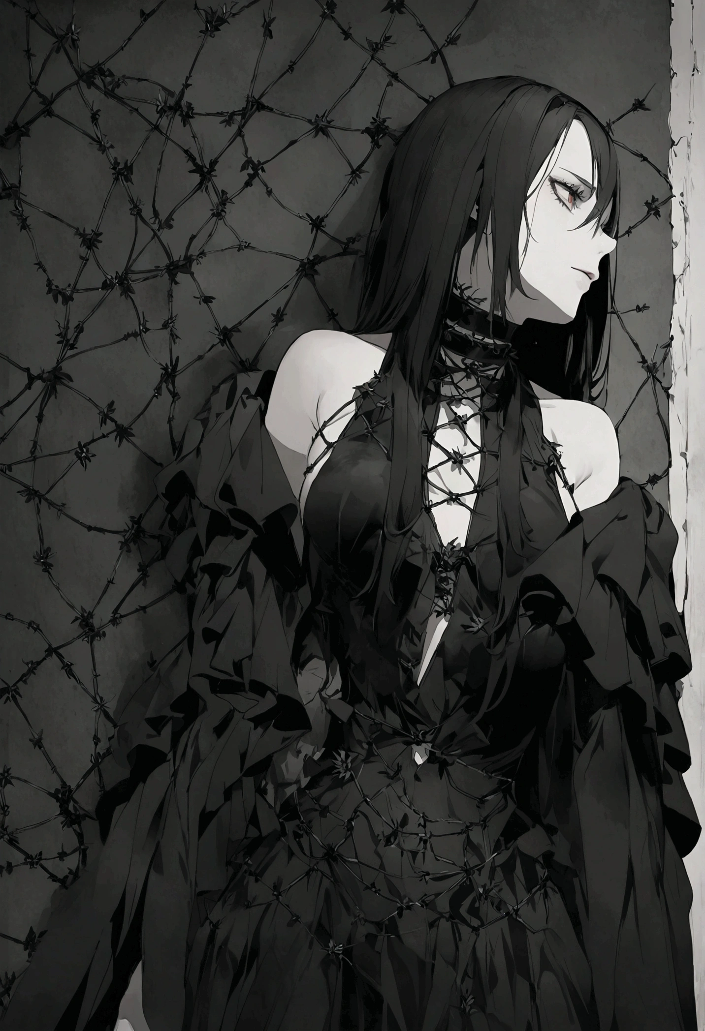 garota and roupas cybersigilism gotica, and (Barbed wire through the body) cabelo preto and pontas branca，1 girl