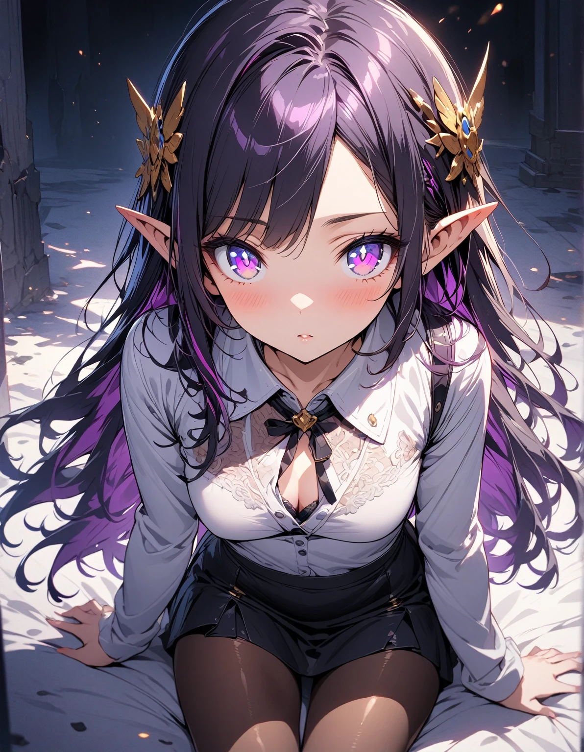 ((Highest Quality, Masterpiece, Ultra High Definition, High Resolution)), ((Ultra-detailed Illustrations:1.2)), 1 Girl, Solo, Anime Style, Beautiful Hair, Parted Bangs, Loose Hair, Long Hair, Black Hair, Dark Purple Hair, Multi Colored Hair, Hair Ornament, Beautiful Detailed Eyes, Beautiful Detailed Pupils, Violet Eyes, Looking at Viewer, Pointed Ears, Mid-Chest, Black White Shirt, Collared Shirt, Long Sleeves, Black Mini Skirt, Pantyhose, Shiny Skin, Shiny