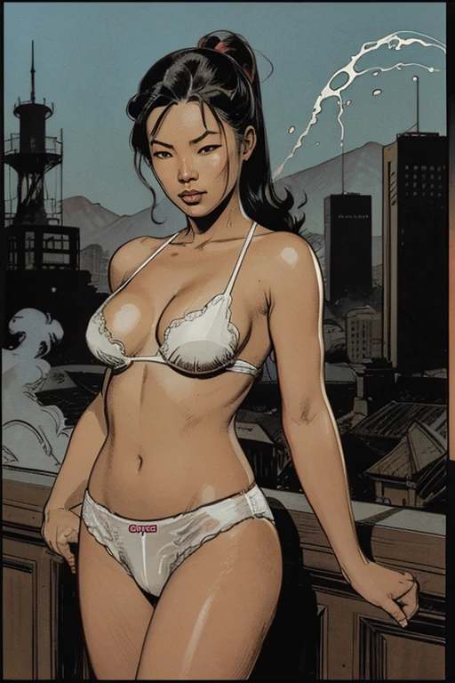 Chinese woman in white panties, sperm on body, smoky, Tarantino vibe, by Brian Bolland, by Frazetta, by Mike Ploog, film noir, volumetric lighting, old film effect, 35mm, sharp constrast, grainy, vivid, lurid colors, Technicolor, HD. 8x
