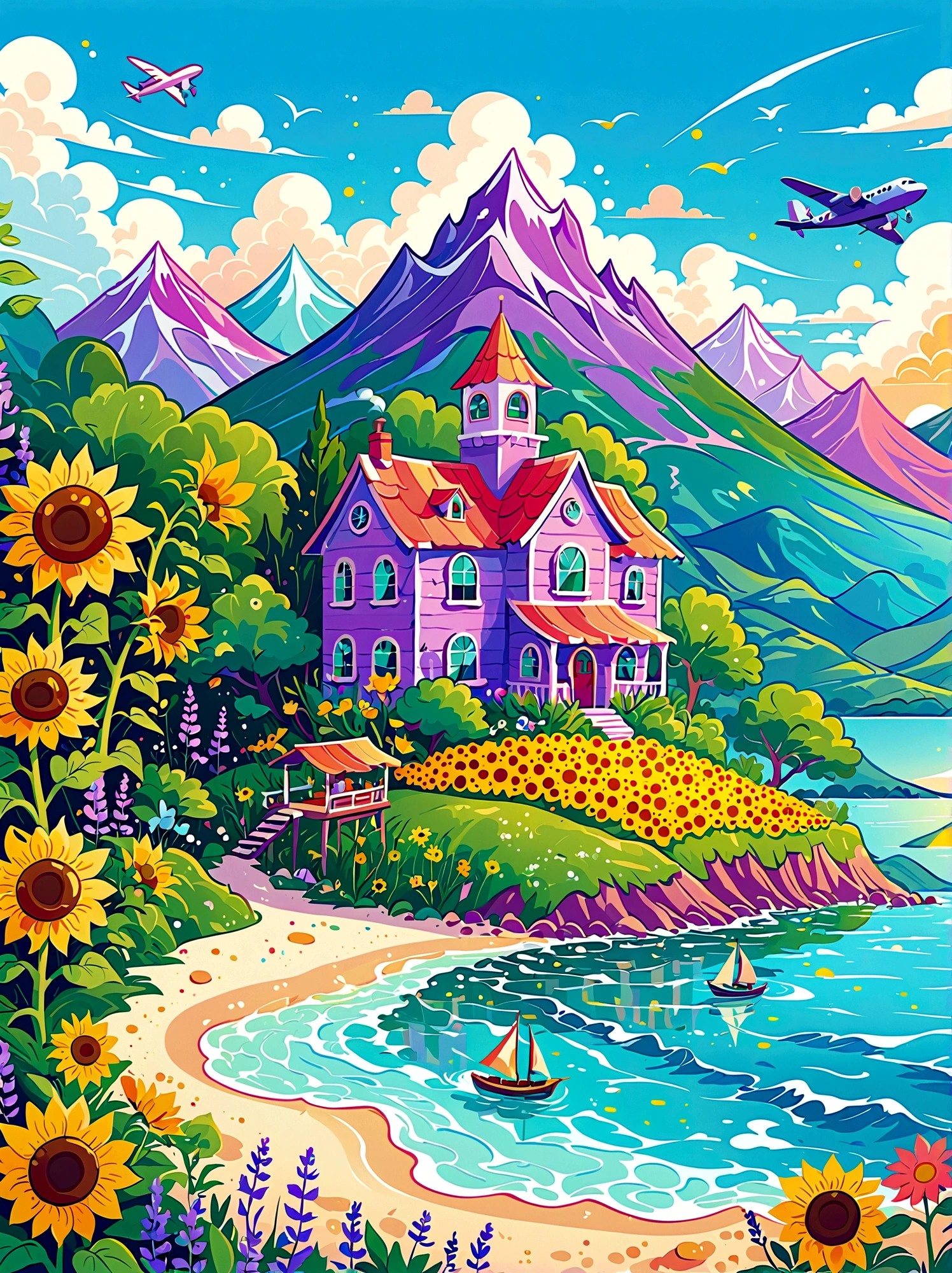 1pzsj1, (flat, user interface vector style), (world in a bottle), heavenly colors, colorful fantasy candy house, fairy tale world, spring, seaside, rios, tree house, sunflower field, lavender, mountains, peaks, big trees, (simple illustration), (smooth line art: 1.2), (minimalism), white background, (graphic design aesthetics), (flat illustration), (Plane illustration)