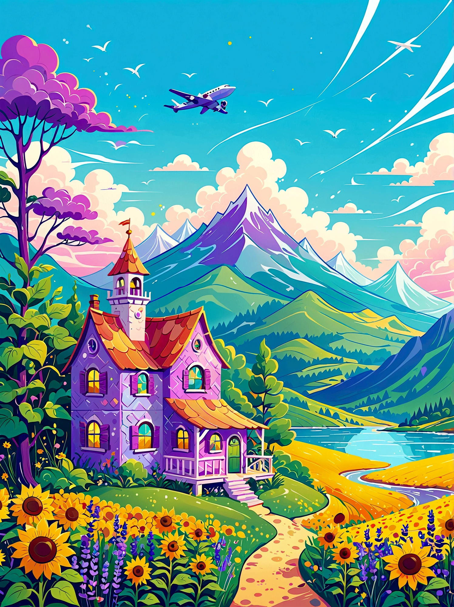 1pzsj1, (flat, user interface vector style), (world in a bottle), heavenly colors, colorful fantasy candy house, fairy tale world, spring, seaside, rios, tree house, sunflower field, lavender, mountains, peaks, big trees, (simple illustration), (smooth line art: 1.2), (minimalism), white background, (graphic design aesthetics), (flat illustration), (Plane illustration)