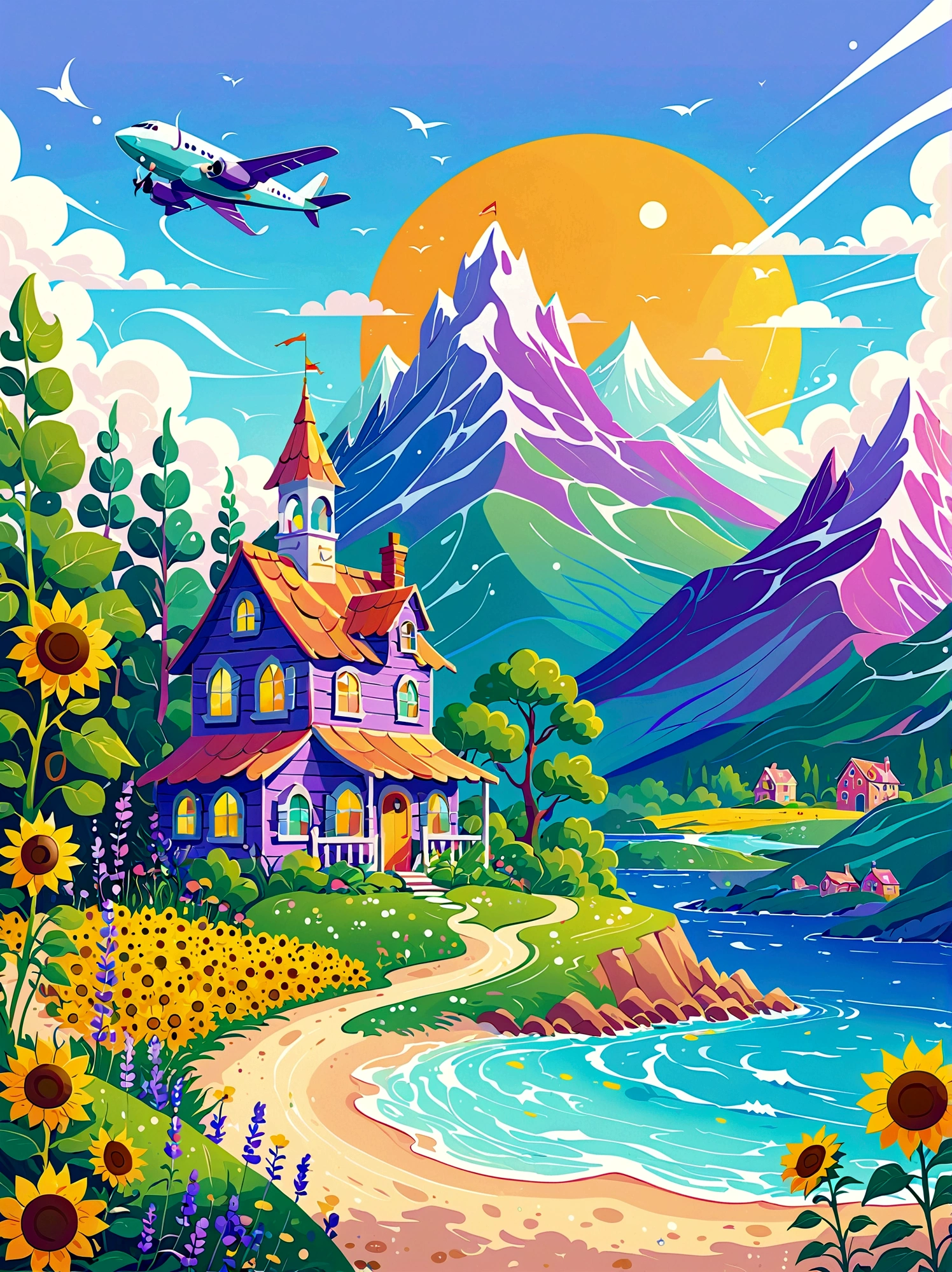 1pzsj1, (flat, user interface vector style), (world in a bottle), heavenly colors, colorful fantasy candy house, fairy tale world, spring, seaside, rios, tree house, sunflower field, lavender, mountains, peaks, big trees, (simple illustration), (smooth line art: 1.2), (minimalism), white background, (graphic design aesthetics), (flat illustration), (Plane illustration)