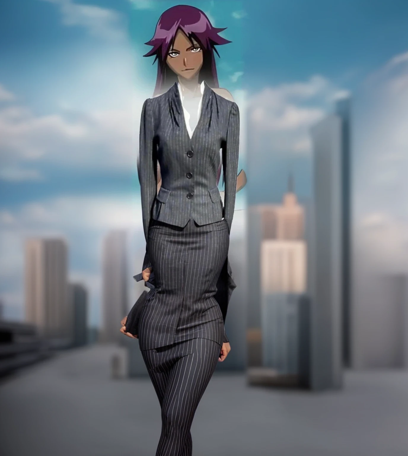Black business woman in a
 Pinstriped skirt suit