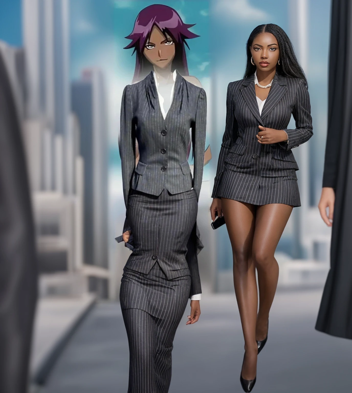 Black business woman in a
 Pinstriped skirt suit