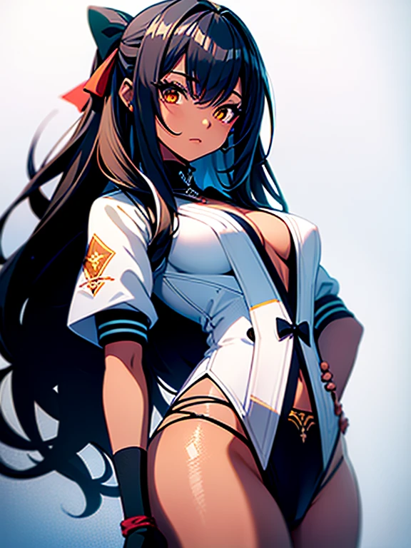 melhor qualidade, obra de arte, extremamente detalhado, no backdrop, fundo branco, 1 garota, sozinha, cabelo pequeno, cabelo preto, olho amarelo, pose de luta, white japanese sailor , manga curta, detalhes de cor azul marinho, cabelo preto, bow on red uniform, saia azul marinho, luva preta de luta de MMA, corpo inteiro, pele escura
