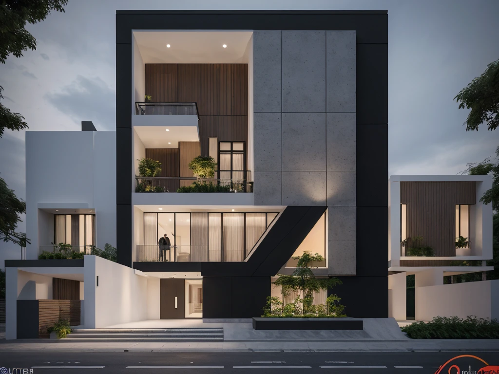 [modern Office house with a courtyard and 03 floors], high quality rendering, award-winning render, award winning render, Lumion render, professional render, architectural render, render to resolute perfection, exterior design, architectural visualization, architecture render, modern architecture design, inter dimensional villa, architectural 3d render, realistic CGI render, black and white color, dark color, wide 20m, deep 18m, heigh 11,5m, ([03 floors]), IOS 1600