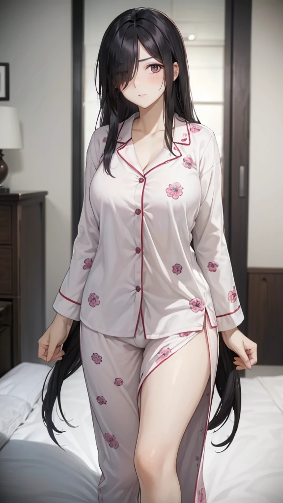 1girl, mature women,perfect ,black hair, long hair, (hair over one eye:1.4), messy hair, hair between eyes, chubby,saggy breast, flower motif pajama, cute shy blush on , bedroom