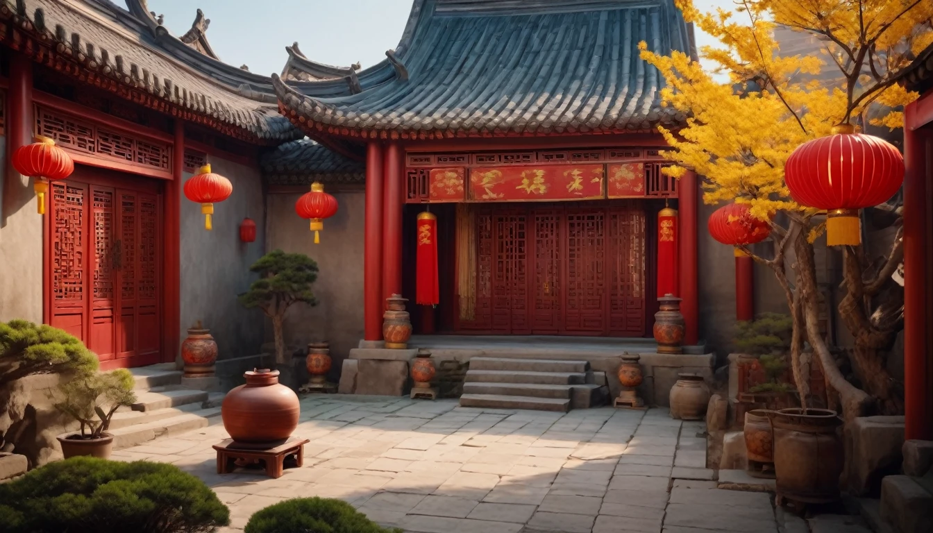（Best image quality，4k，8K，high resolution，masterpiece：1.2），Extremely detailed，（lifelike，lifelike，lifelike：1.37），Chinese Courtyard Scene，Journey to the West theme song，close to camera，Screen-centric，A fusion of warm and cool colors，