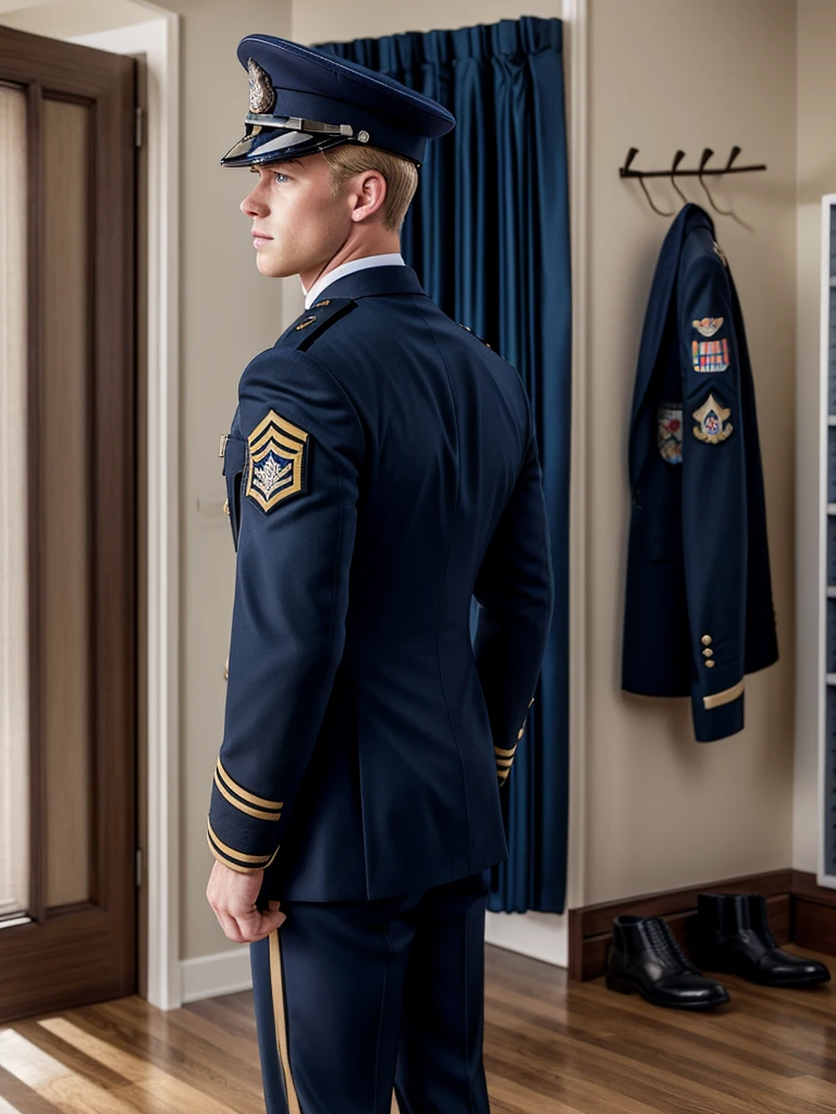 A handsome blond guy, ************, looks at the ceremonial officer's uniform of a "Navy Seal" with awards, which hangs on a suit hanger standing on the floor, and engages in masturbation. Watching him from behind is a naked, blond, muscular Navy SEAL officer, 35 years old, handsome and arrogant. The officer has a big dick, an erection, and a boner.