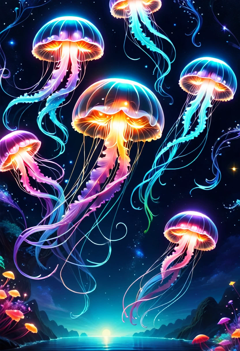 Draw a translucent jellyfish swimming in a sea of stars,The art of math,Fantasy,fair星雲の背景,Rich and colorful,rich and Rich and colorfulな呪文を唱える,flash,とてもflash,さらにflash,Faintly Glowing Jellyfish,Light coming from below,fair光と影,magic,dream-like,Inspiration,pleura,fair,rendering,rich and Rich and colorful,wonderful,Particles of light,Familiar,masterpiece,最高masterpiece,Artwork using light,artistic,Familiar