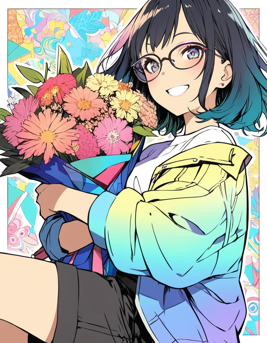 ultra-detailed:1.3, (absurdres, texture, masterpiece), by Posuka Demizu, pixiv contest winner, dynamic manga-style illustration of high school girl with glasses,holding beautiful bouquet,fill the background with flowers,smile,iridescent zentangle,oversized jacket,t-shirts,black shorts,crayon color,pastel color,thick outline,best quality,unbelievably beautiful girl,anime key visual,Impressive detail,insane detail,best shadow,