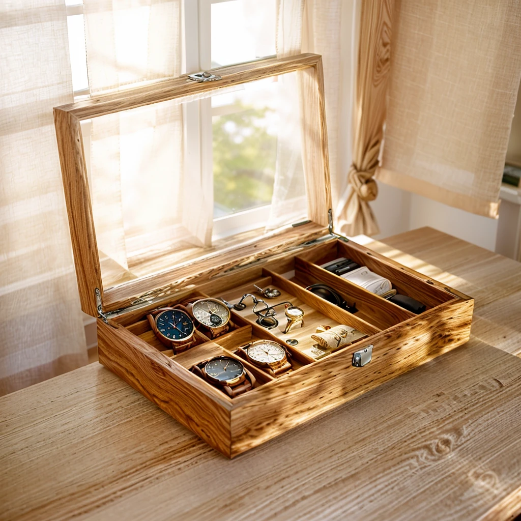 In this cozy room,A ray of sunlight shone through the half-drawn curtains on the table,Let the wood grain on the watch storage box shine with a faint luster。There was a calm and peaceful atmosphere in the air around them。There are several still lifes hanging on the walls of the room,It adds a touch of elegance to the space。And on the other side of the room,The half-open window lets in the breeze,The pages on the small desk by the window turned in the wind,This quiet scene gives a sense of tranquility and comfort。