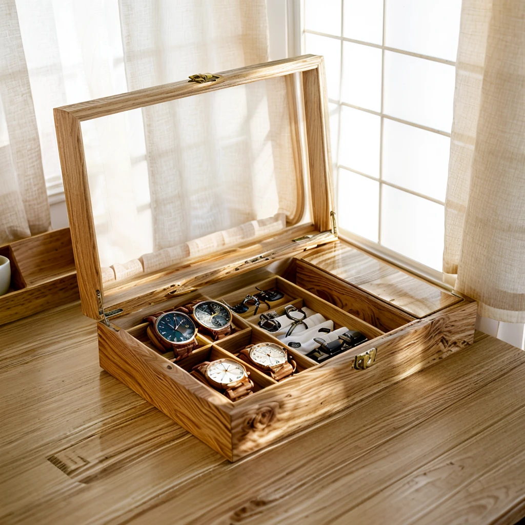In this cozy room,A ray of sunlight shone through the half-drawn curtains on the table,Let the wood grain on the watch storage box shine with a faint luster。There was a calm and peaceful atmosphere in the air around them。There are several still lifes hanging on the walls of the room,It adds a touch of elegance to the space。And on the other side of the room,The half-open window lets in the breeze,The pages on the small desk by the window turned in the wind,This quiet scene gives a sense of tranquility and comfort。