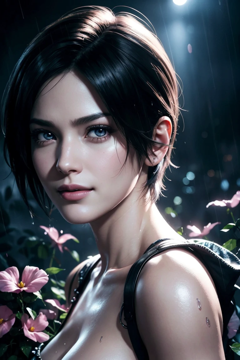 Resident Evil 6,Ada,Short Hair,Photorealistic,Ultra HD,high quality,masterpiece,Digital SLR,Detailed details,Intricate details,Anatomical basis,Depicted in detail,A detailed face,Realistic skin texture,Vivid details,Perfect Anatomy,Perfect Anatomy,Anatomically correct hand,Anatomically correct fingers,Super Detail,Complex 3D rendering,Sexy pose,Beautiful morning glory(flower),Rainy Sky,Beautiful scenery,Fantastic rainy sky,Picturesque,Pink Lips,smile,Fantastic butterflies々,