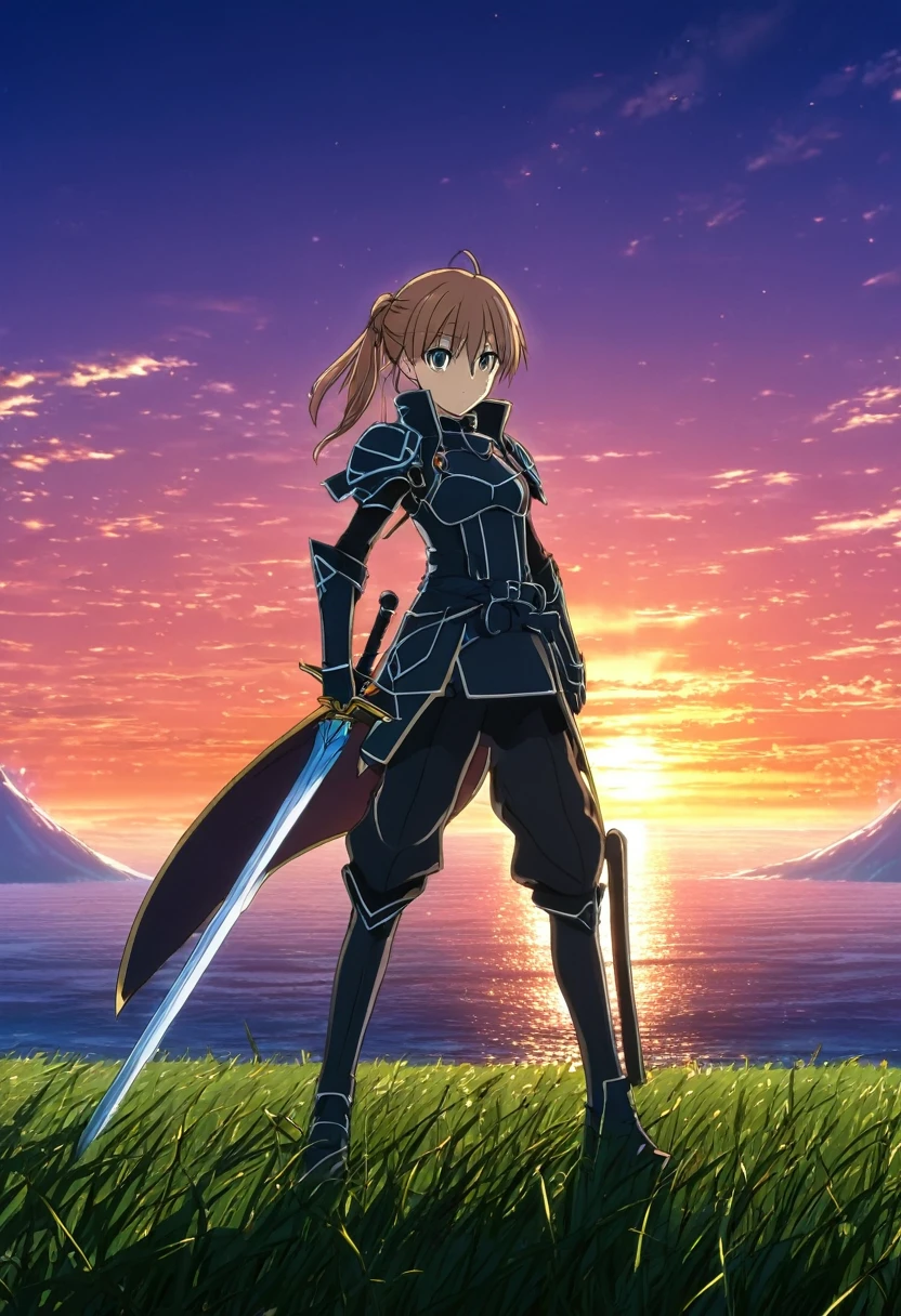 A cartoon character standing in front of a sunset with the sky as a background, Sword Art Online, anime background Key Visual, star, anime Key Visual concept art of, Fate Grand Order, UFOTABLE art style, Anime movie background, Key Visual, colorful Anime movie background, star style anime, anime key art, Spectacular artwork of anime, Anime movie screenshots