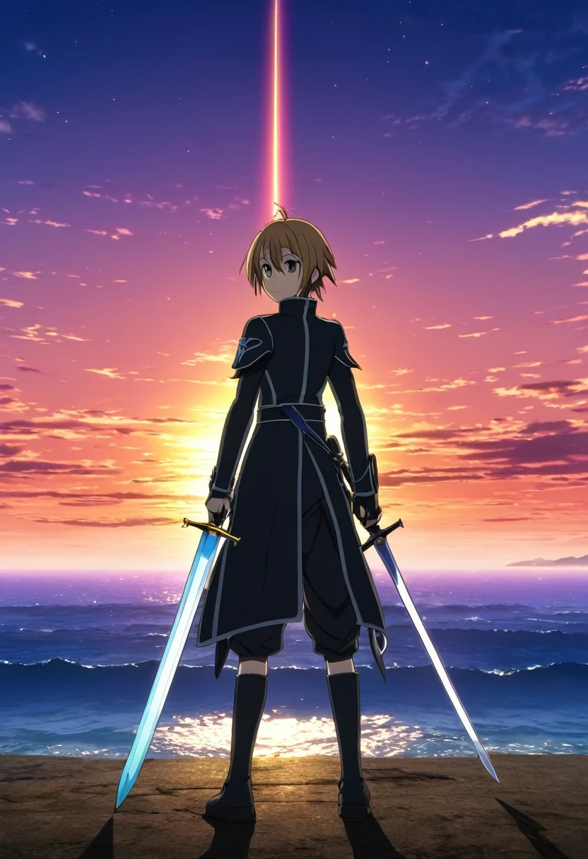 A cartoon character standing in front of a sunset with the sky as a background, Sword Art Online, anime background Key Visual, star, anime Key Visual concept art of, Fate Grand Order, UFOTABLE art style, Anime movie background, Key Visual, colorful Anime movie background, star style anime, anime key art, Spectacular artwork of anime, Anime movie screenshots