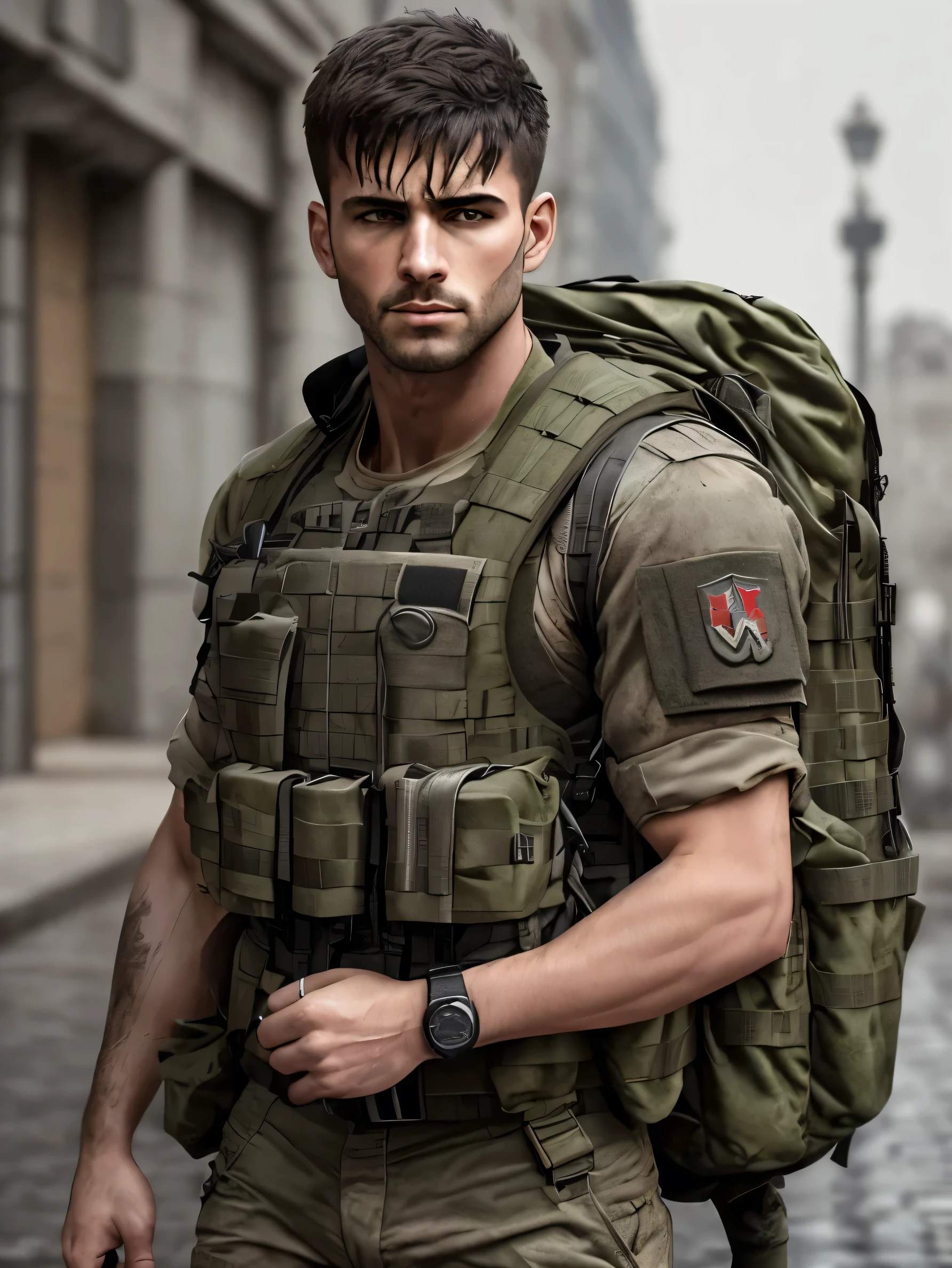Militaire,Homme musclé fort, street angry, backpack, Realistic Epic, photo, faded, des trucs complexes autour, fond complexe, soaked, couleurs neutres, ((((hdr)))), ((((couleurs sourdes)))), intricate scene, ArtStation, intricate details, Vignette