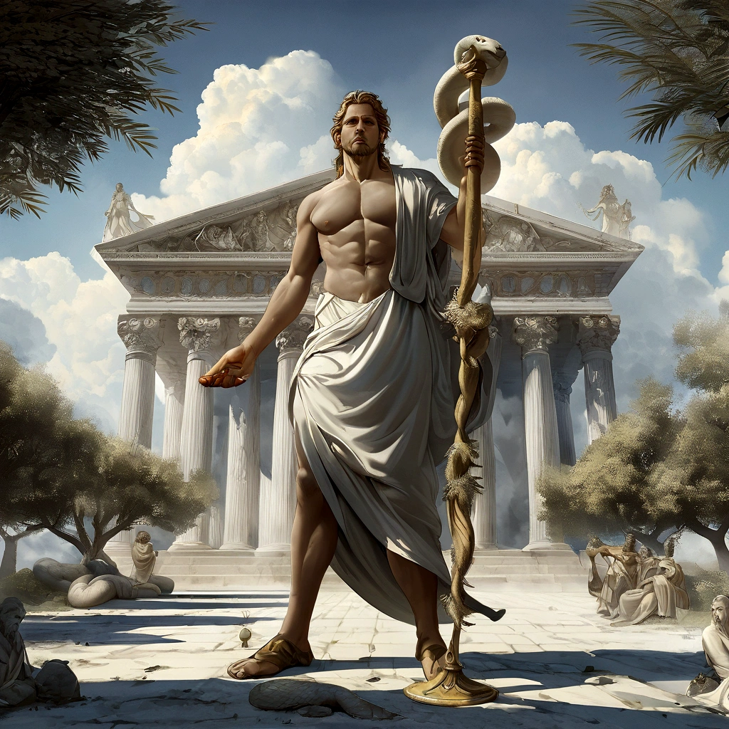 imagen arafed de un hombre con una serpiente y una serpiente en la mano, pintura digital mito griego, Dios griego, the Dios griego, el dios hermes, olympic god, Dios griegos, Dios griegodess, Greek mythology, Greek fantasy, divino y estoico, el dios zeus, Greek mythology characters, estatua de Zeus, elon musk as a Dios griego, estatua griega