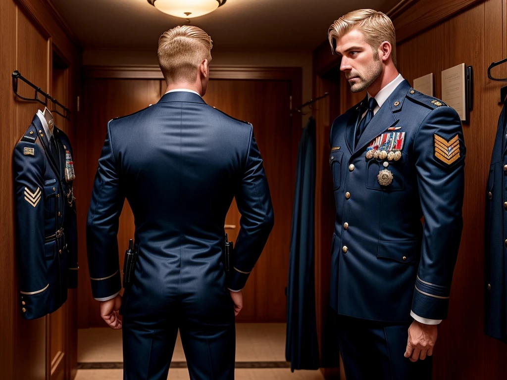 A handsome blond guy, ************, looks at the ceremonial officer's uniform of a "Navy Seal" with awards, which hangs on a suit hanger standing on the floor, and engages in masturbation. Watching him from behind is a naked, blond, muscular Navy SEAL officer, 35 years old, handsome and arrogant. The officer has a big dick, an erection, and a boner.