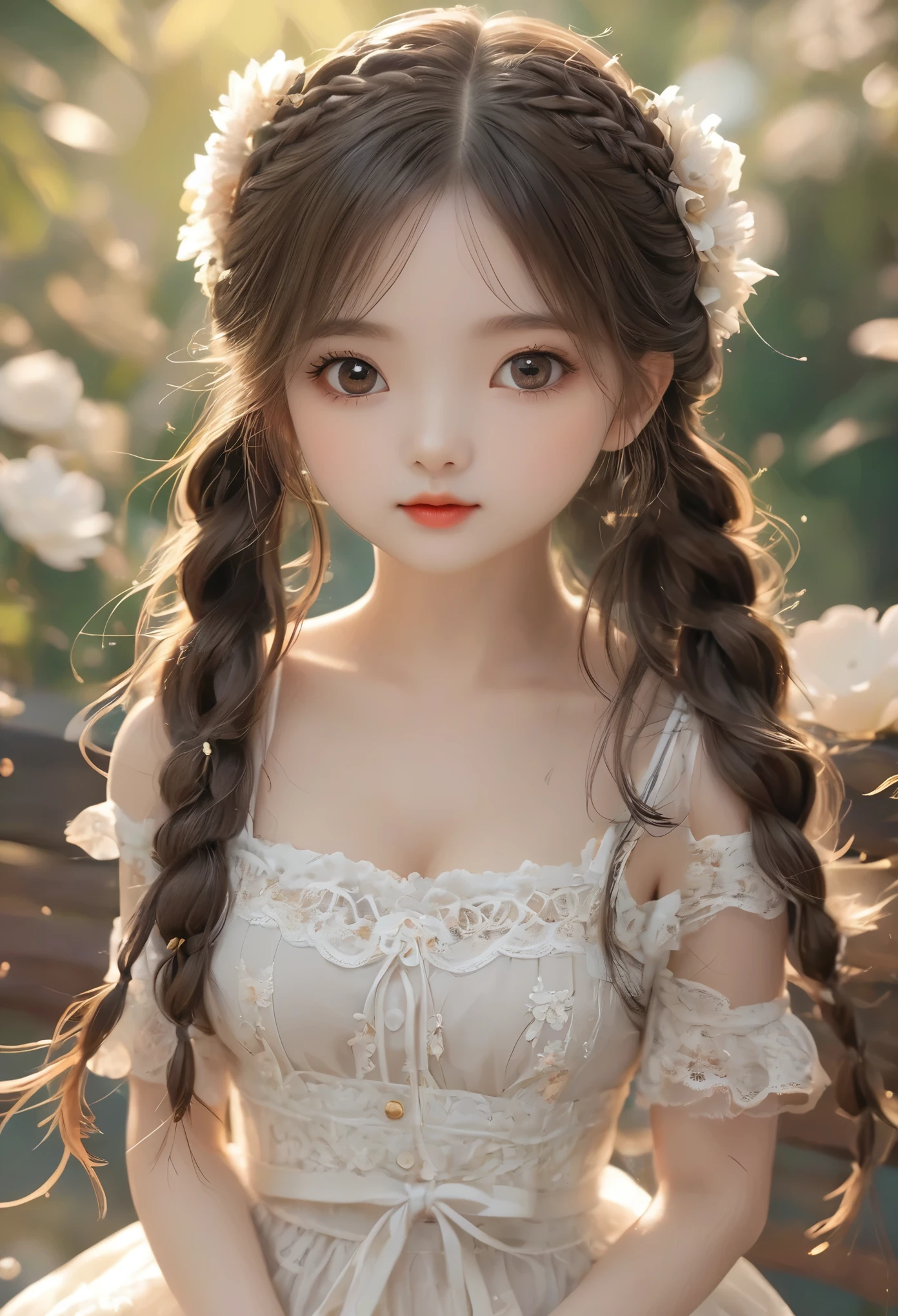 ((best quality, 8K, masterpiece :1.3))little girl、 Cute anime style，solitary,Exquisite eyes, ((Dark brown hair, Large Breasts :1.2)), Beautiful lace lingerie（8K）（HD）（（best quality））， （（Intricate details））， （8K）