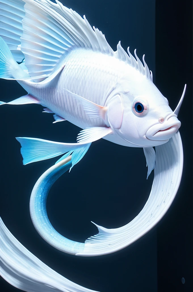 create a white divine giant fish,blue affectionate eyes,rainbow tail,white fins, black background.