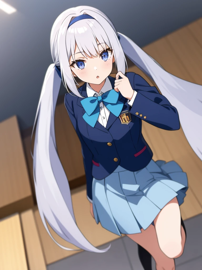 1girl, anime girl, silver hair, long twintails, silver eyes, dark blue school suit, blue bowtie, skirt