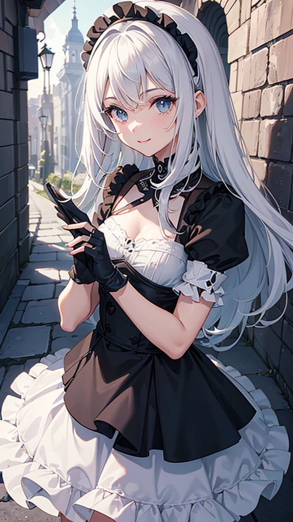 (obra maestra, mejor calidad:1.2), albedow caminando hacia, Vestido blanco, hip vent, guantes blancos,pelo negro, pelo entre los ojos, ojos amarillos brillantes, cuernos blancos, amenazador, Labios partidos, sonrisa, Alas negras, (alas bajas:1.1), Dark alley, paredes de ladrillo,