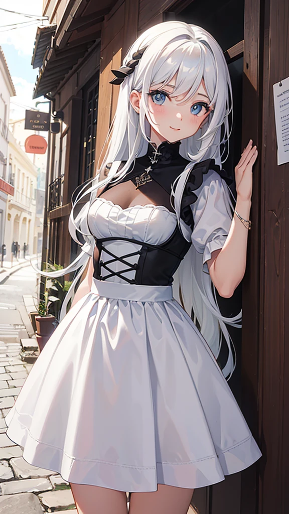 (obra maestra, mejor calidad:1.2), albedow caminando hacia, Vestido blanco, hip vent, guantes blancos,pelo negro, pelo entre los ojos, ojos amarillos brillantes, cuernos blancos, amenazador, Labios partidos, sonrisa, Alas negras, (alas bajas:1.1), Dark alley, paredes de ladrillo,