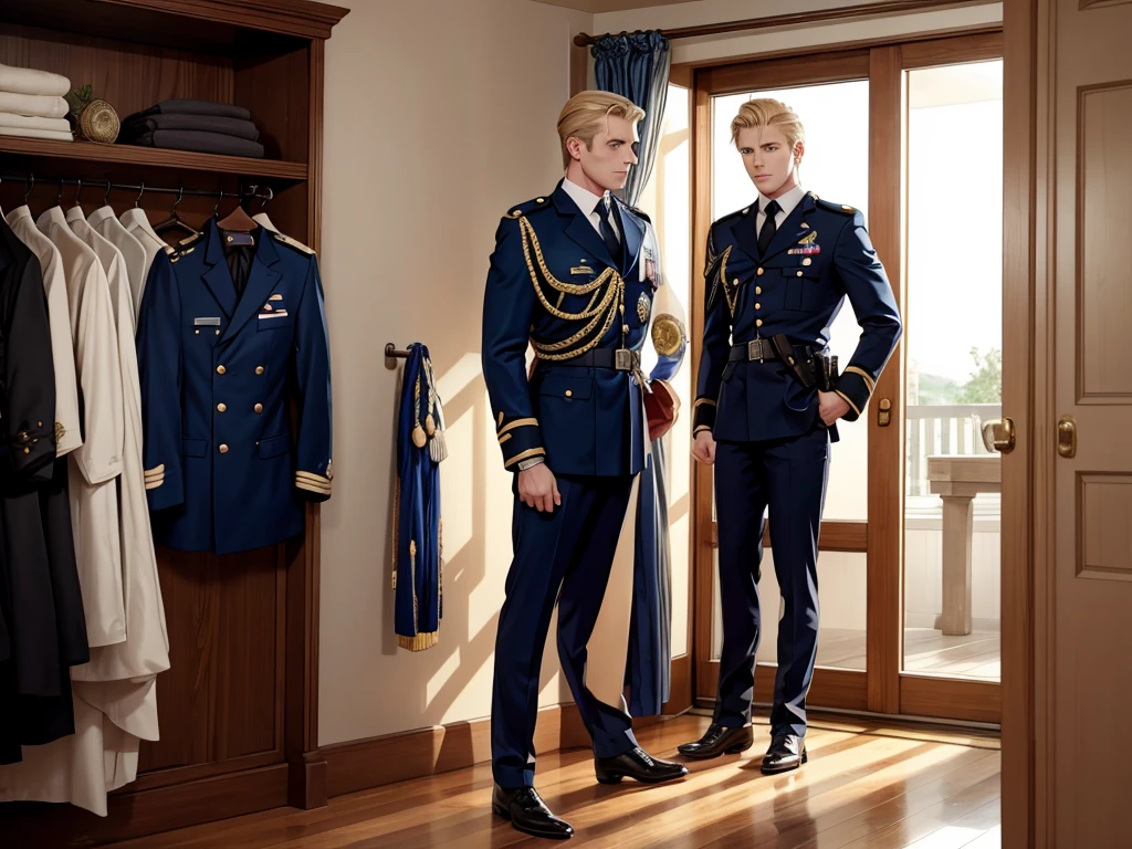 A handsome blond guy, 17 years old, looks at the ceremonial officer's uniform of a "Navy Seal" with awards, which hangs on a suit hanger standing on the floor, and engages in masturbation. Watching him from behind is a naked, blond, muscular Navy SEAL officer, 35 years old, handsome and arrogant. The officer has a big dick, an erection, and a boner.