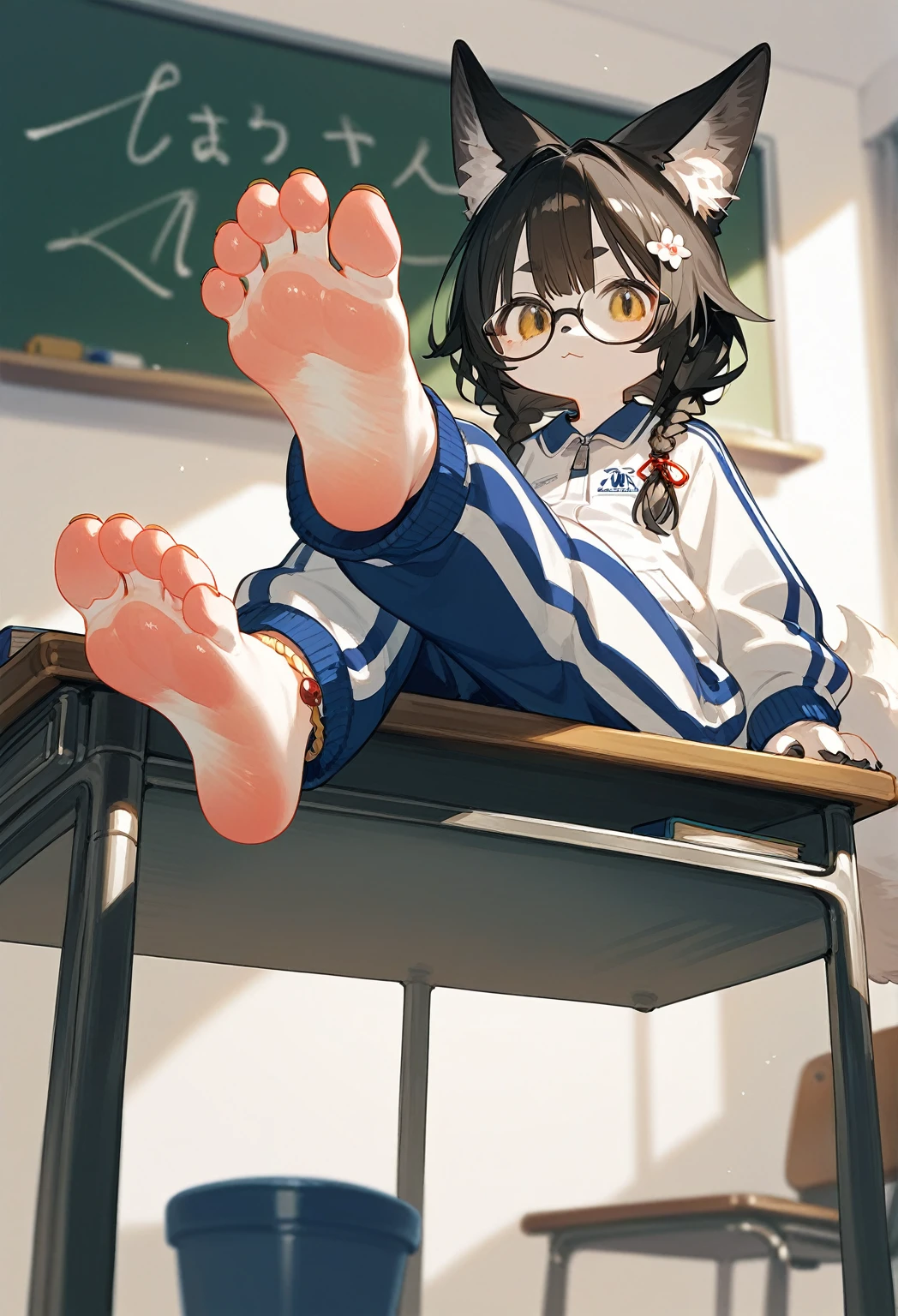 score_9, score_8_up, score_7_up, score_6_up,score_5_up, source_anime, source_furry, anthro, furry, female, fox girl, hadrian, solo, black hair,baggy blue and white track suit,baggy blue and white track pants,glasses,black hair,low twin braids, ,desk,sitting on desk,foot up,barefoot,soles,foot focus,paw_sloe,sharp_toenails, pawpads, from below,anklet,bare legs,chalkboard,