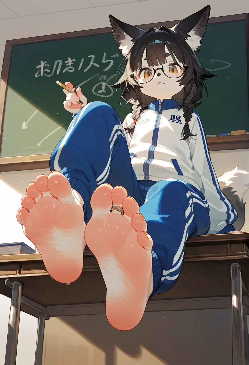 score_9, score_8_up, score_7_up, score_6_up,score_5_up, source_anime, source_furry, anthro, furry, female, fox girl, hadrian, solo, black hair,baggy blue and white track suit,baggy blue and white track pants,glasses,black hair,low twin braids, ,desk,sitting on desk,foot up,barefoot,soles,foot focus,paw_sloe,sharp_toenails, pawpads, from below,anklet,bare legs,chalkboard,