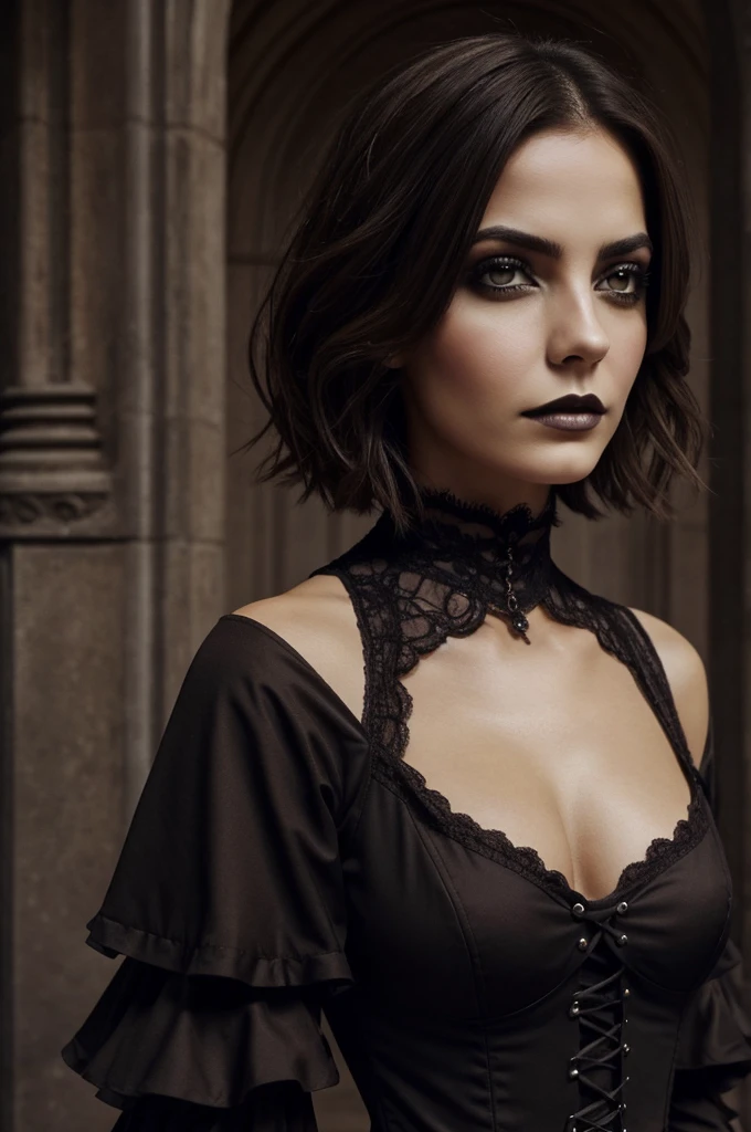 Dibuja una mujer con piel clara, short brown hair above the shoulders, ojos grandes miel, cara cuadrada, nariz chata, un lunar en el labio, with a gothic dress and gothic makeup 