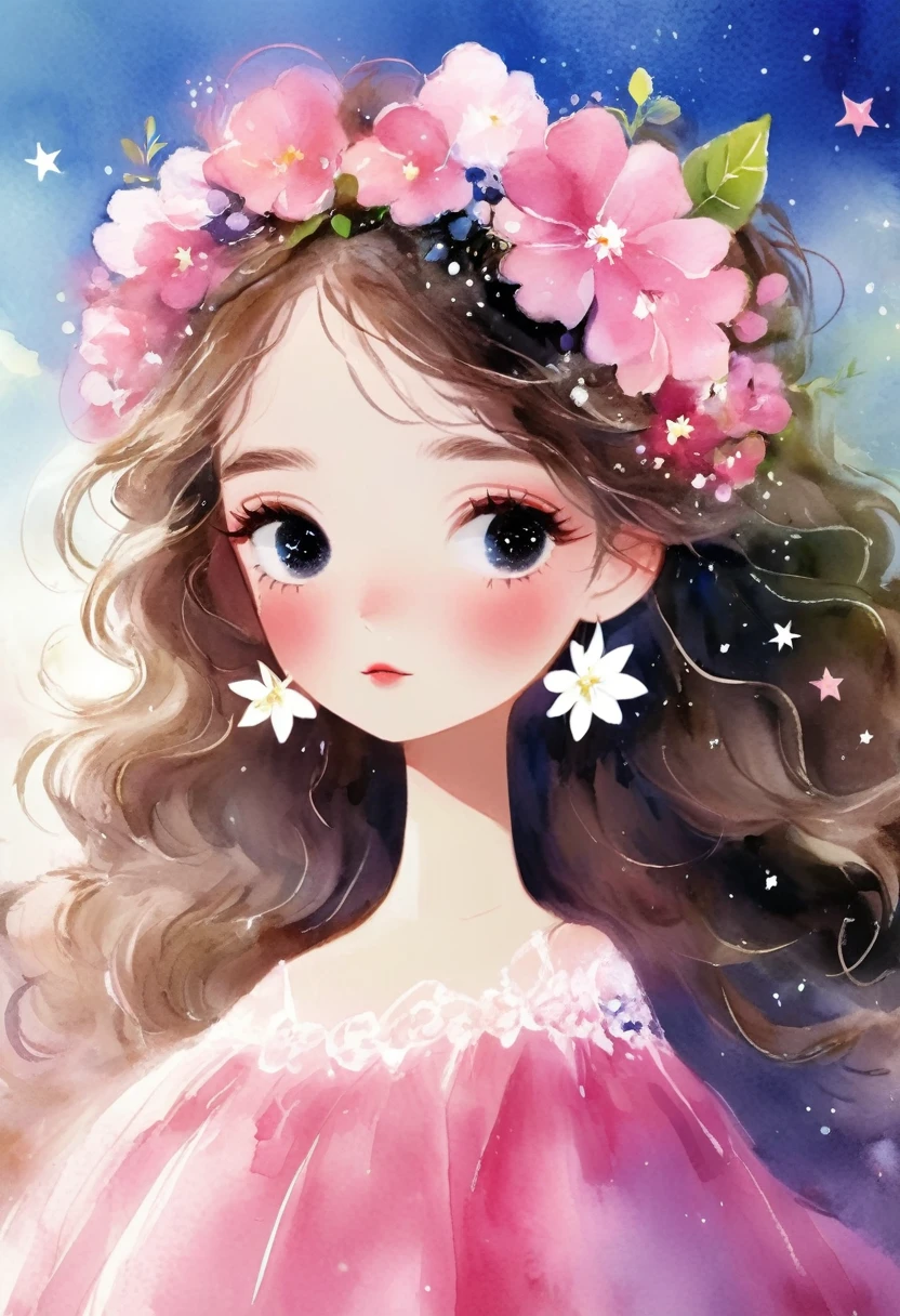 desenho aquarela, A in a pink dress and pink and white flower crown, rough texture,Hand-drawn style, dreamy sky, nuvem, Star, Cabelo loiro, olhos azuis claros, gossamer, Illustration of a fairy tale, A masterpiece under bright Luz, fantastic art, Luz! A arte da magia, arte de conto de fadas, arte inspiradora, obras de arte requintadas