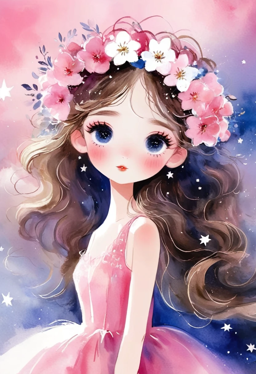 desenho aquarela, A  in a pink dress and pink and white flower crown, rough texture，Hand-drawn style, dreamy sky, nuvem, Star, Cabelo loiro, olhos azuis claros, gossamer, Illustration of a fairy tale, A masterpiece under bright Luz, fantastic art, Luz! A arte da magia, arte de conto de fadas, arte inspiradora, obras de arte requintadas